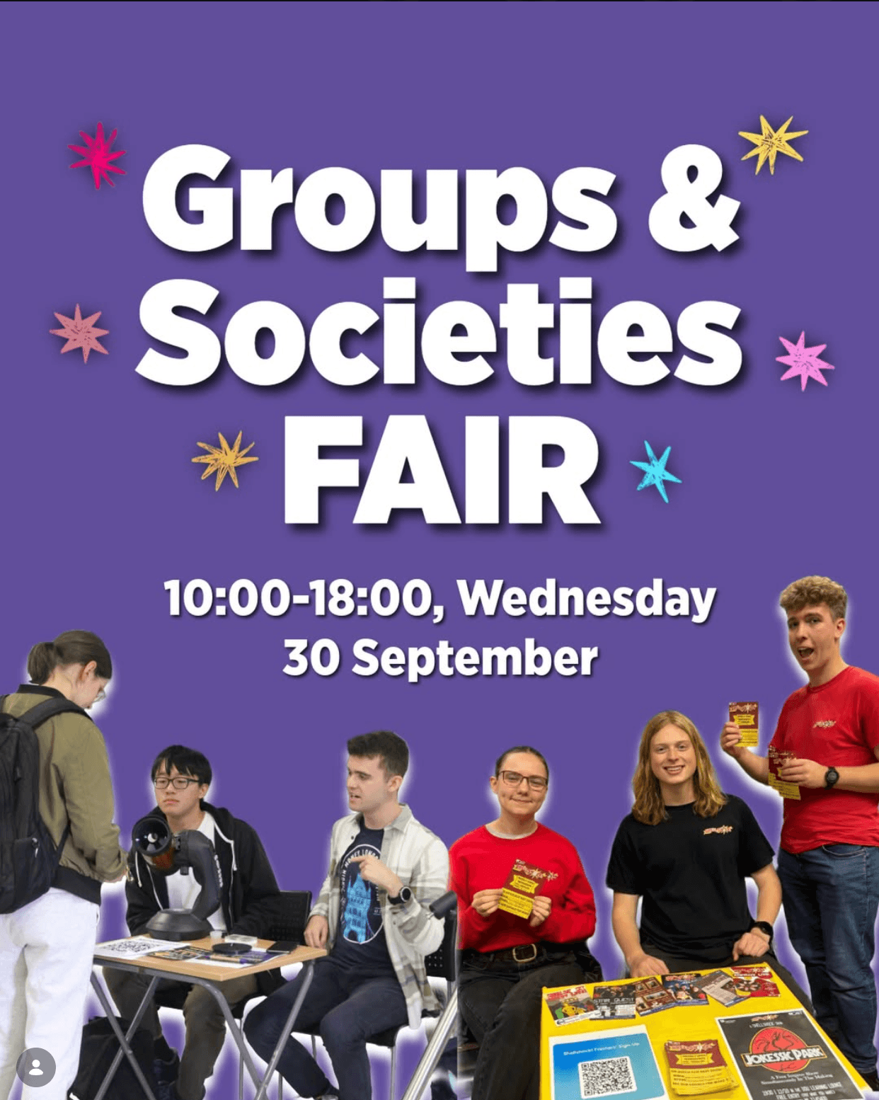 Groups & Societies Fair poster: 10:00–18:00, Wednesday 30 September